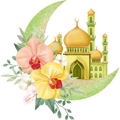 Watercolor Mosque with Floral Crescent Illustration