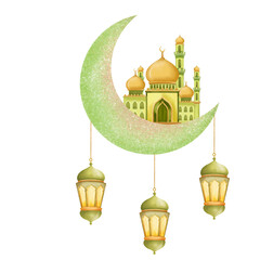 Illustration of Mosque with Lanterns and Crescent Moon
