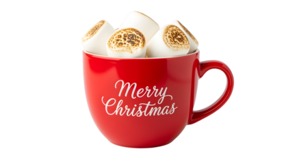 Cozy red mug filled with toasted marshmallows for a festive holiday drink.