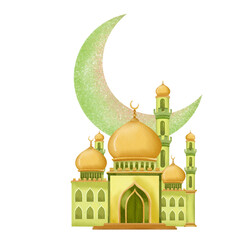 Watercolor Mosque with Crescent Moon Illustration