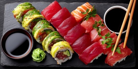 Assorted sushi rolls showcased on a black stone plate with wasabi and soy sauce, emphasizing vibrant colors and fresh ingredients