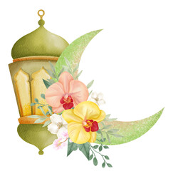 Watercolor Lantern and Crescent Moon with Floral Illustration 