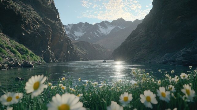 Idyllic Mountain Lake with Sparkling Sun Path, Towering Cliffs, and Wild Daisies in Foreground