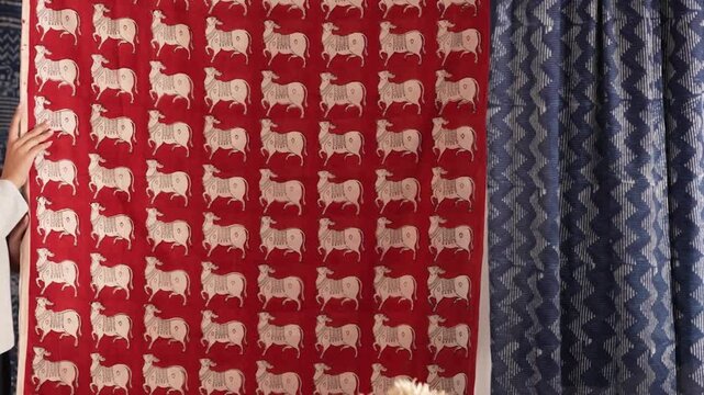 Shot of Indian woman trying on red block printed sarees in 4K, showing traditional fabric patterns, handcrafted design, cultural elegance, and authentic fashion selection.