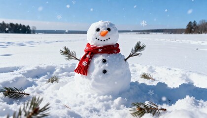 Obraz premium Cute Snowman in Winter Landscape with Falling Snowflakes