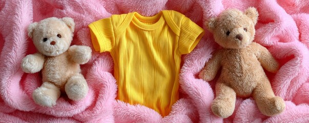 Soft pink blanket with plush teddy bears and a vibrant yellow baby onesie, creating a cozy and inviting atmosphere