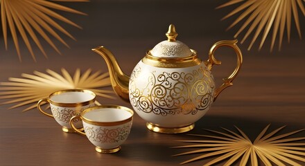 Ornate Tea Set with Golden Palms. A luxurious white and gold teapot with matching cups, framed by stylized golden palm leaves.