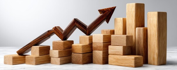 An upward trend represented by wooden blocks and an arrow, symbolizing business growth and strategy development