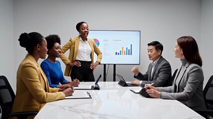 Confident businesswoman presents data and insights during a professional boardroom meeting with diverse colleagues fostering collaboration and strategic decision-making - Powered by Adobe