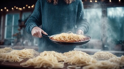 Chef Prepares Spaghetti with Sauce in a Cozy Kitchen, Serving a Delicious Meal for Family Dinner