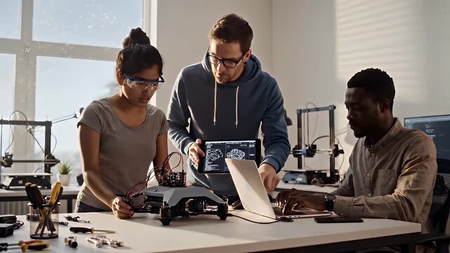Collaborative Engineering Team Assembles Drone Prototype in Modern Workshop Innovation Technology and Future of Robotics Development