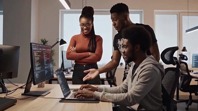 Collaborative Software Development Team Working Late Night on Coding Project - Diverse Professionals Brainstorming and Debugging in Modern Office Environment