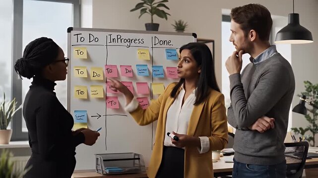Collaborative team brainstorming and reviewing tasks on a whiteboard with sticky notes in modern office setting project management workflow and teamwork concept