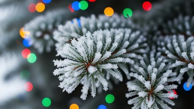 Frosted pine tree branches with colorful christmas lights in the background, winter holiday scene