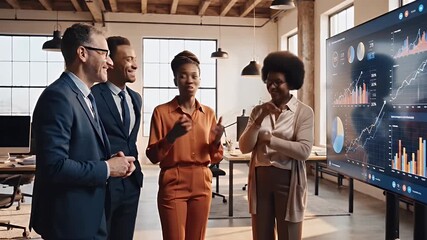 Diverse business professionals analyze data and financial performance on a large screen display in a modern office setting demonstrating collaboration and strategic decision-making - Powered by Adobe