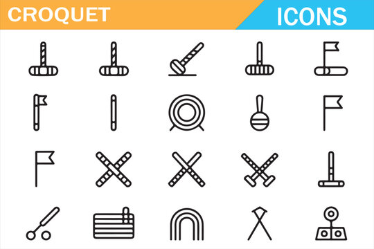 Croquet Sport Outline Icons Set with Mallet Ball and Hoop Symbols