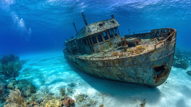 A mesmerizing underwater scene showcasing a weathered shipwreck resting on the seabed, surrounded by vibrant marine life and crystal-clear turquoise waters. An underwater paradise.