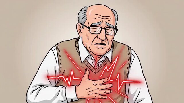 Elderly Man Experiencing Heart Pain Symptoms and Chest Discomfort Illustration