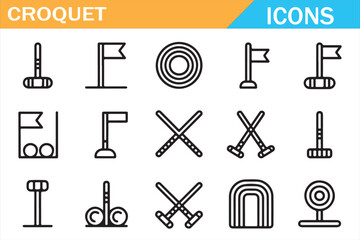 Croquet sport icons outline set with mallet, ball, hoop and equipment symbols isolated on white background for sports design, apps, web, infographics and branding