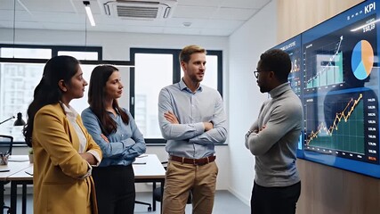 Diverse business team analyzes key performance indicators KPIs on a large screen display in a modern office setting collaborating and strategizing for growth and success - Powered by Adobe