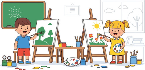 Two young children happily engaged in painting at easels in a bright classroom setting