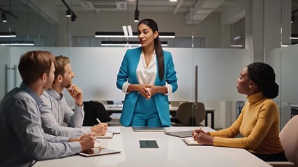Diverse business team collaborates during a late-night strategy meeting in a modern office setting female executive leads discussion with focused colleagues around a conference table