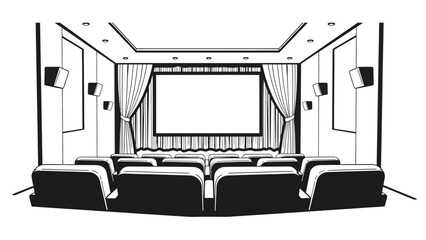 an illustrative depiction of a classic movie theater interior features rows of seats facing a large screen and curtains high quality professional detailed modern elegant