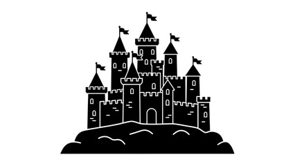 a detailed illustration depicts a majestic black castle with multiple towers and fluttering flags perched atop a dark hill high quality professional modern elegant stylish © Lsg 21