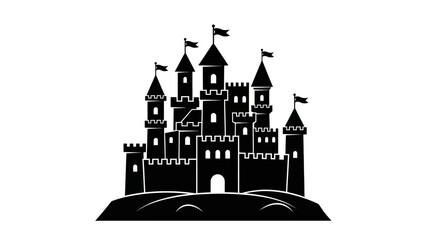 a detailed black and white illustration depicts a majestic castle with multiple towers and flags set upon a small hill high quality professional modern elegant © Lsg 21