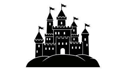 a striking black and white illustration depicts a fairytale castle with multiple towers and flags showcasing a classic medieval architectural style and silhouette high quality © Lsg 21