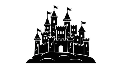 a detailed black and white silhouette of a fairytale castle with multiple towers and flags atop a hill high quality professional modern elegant stylish clean © Lsg 21