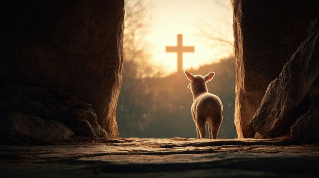 In a stone chamber, a lamb stands silhouetted, gazing at a cross bathed in light, symbolising resurrection and renewal against the backdrop of faith and hope.