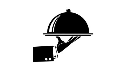 Fototapeta premium a sleek black and white illustration depicts a waiter presenting a covered dish on a silver platter signifying fine dining high quality professional detailed modern