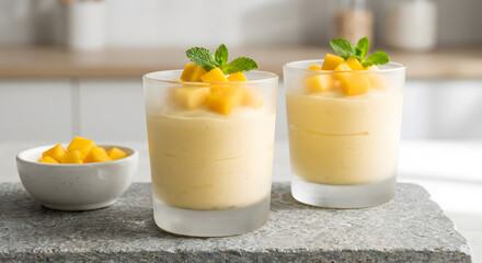 Refreshing Mango Pudding in Clear Glasses with Mint Garnish on Grey Surface