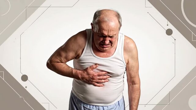 Elderly Man Experiencing Sharp Chest Pain and Discomfort in Flat Background