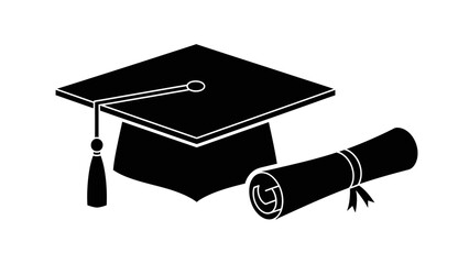 a black and white illustration depicting a graduation cap and rolled diploma representing academic achievement and the completion of educational studies high quality professional detailed