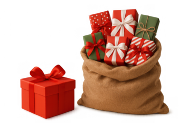 Christmas sack full of gifts and a separate red present, celebrating holidays, delivering generosity