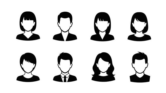 a collection of eight simple black and white silhouette icons representing diverse human faces showing different hairstyles and gender expressions for user profiles high quality