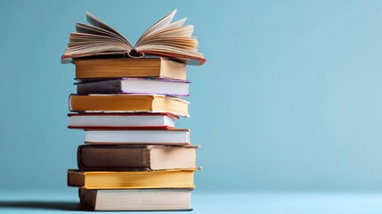 Fototapeta premium Stack of books on a blue background, creating a captivating image. The books, varying in color and size, with one book open, evoking a sense of knowledge, learning, and endless possibilities.