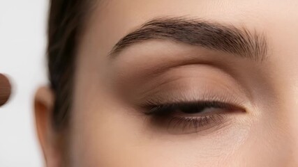 Step by step tutorial of applying natural brown eyeshadow with a makeup brush. Macro collage showing the process of creating a beautiful smokey eye. Cosmetics and visagiste services concept