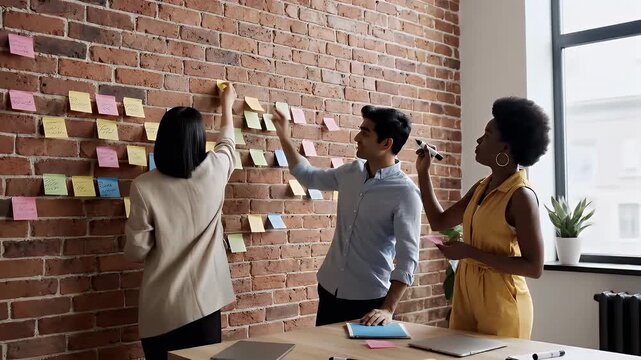 Diverse team brainstorming and presenting ideas during a creative workshop in a modern office with sticky notes covering a brick wall collaboration concept