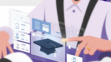 Digital Education with a personal touch: A focused individual interacting with a futuristic digital interface, with an academic cap at the forefront.