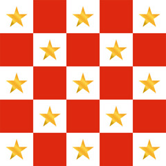 Geometric seamless pattern in gold red white.Golden stars in checker board repeat pattern.Abstract graphic vector wallpaper.