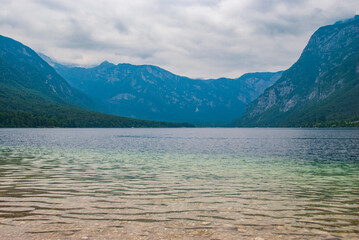 Bohinj lake on a cloudy day in Slovenia