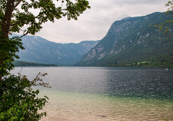 Bohinj lake on a cloudy day in Slovenia
