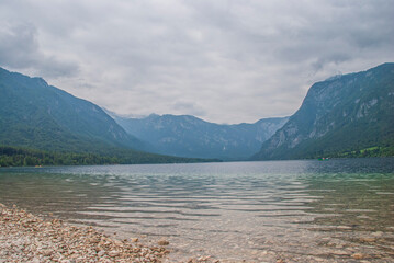 Bohinj lake on a cloudy day in Slovenia