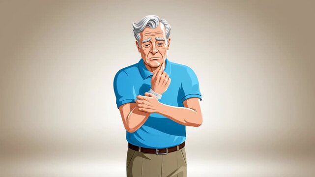 Elderly Man Expressing Pain and Discomfort with Different Hand Movements