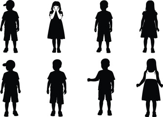Children silhouette icon set featuring boys and girls in different poses, black child figures vector collection isolated on white background