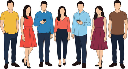 Casual young people standing together using smartphones, modern men and women characters isolated on white background flat illustration