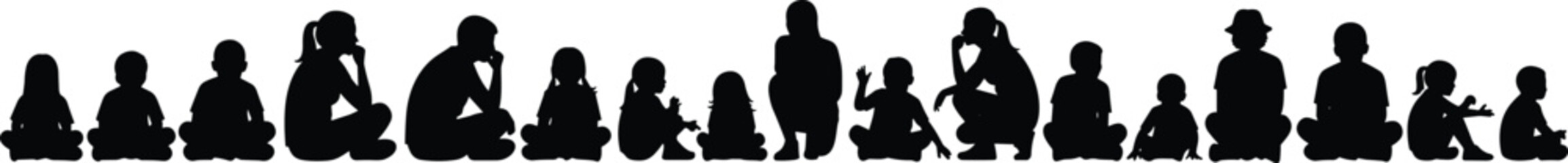 Children sitting silhouette vector illustration showing kids in different poses, playful childhood figures collection isolated on white background